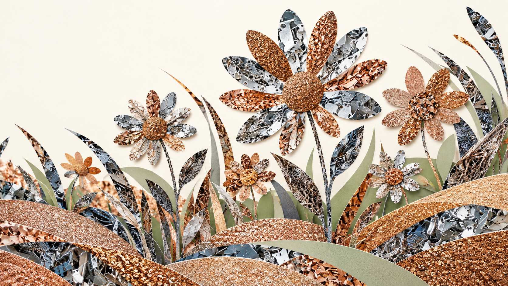 Material Meadow: conceptual collage of flowers and grasses formed from recycled-material textures