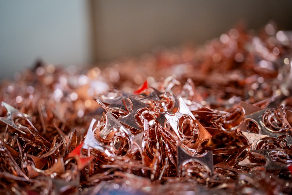 Copper clips and punched manufacturing offcuts collected for recycling