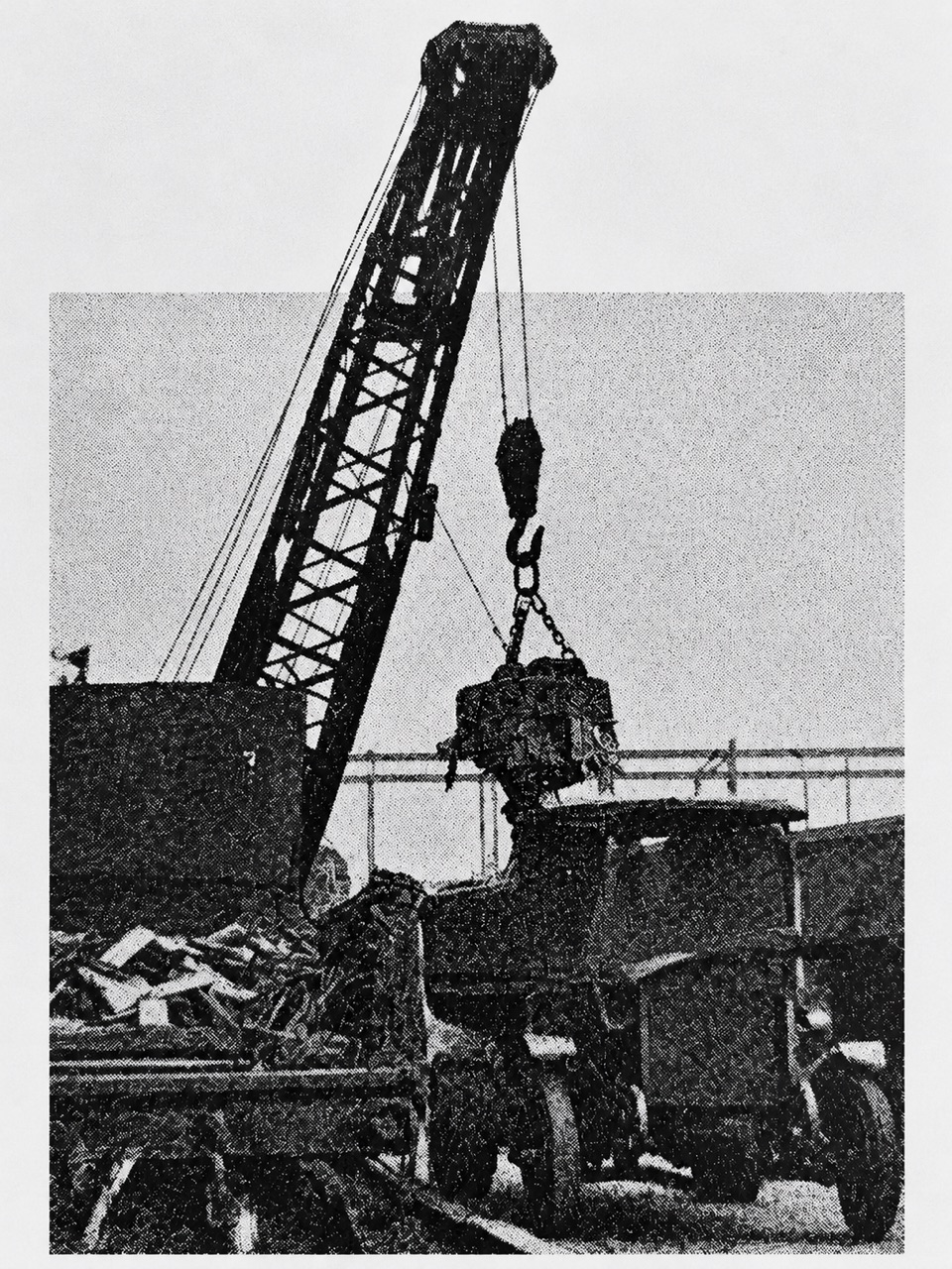 Monochrome archival crane and suspended scrap — AI-restored archival image